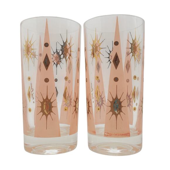 Fred Press Glass Tumblers Atomic Burst Cocktail Retro Pastel Pink Gold Highball